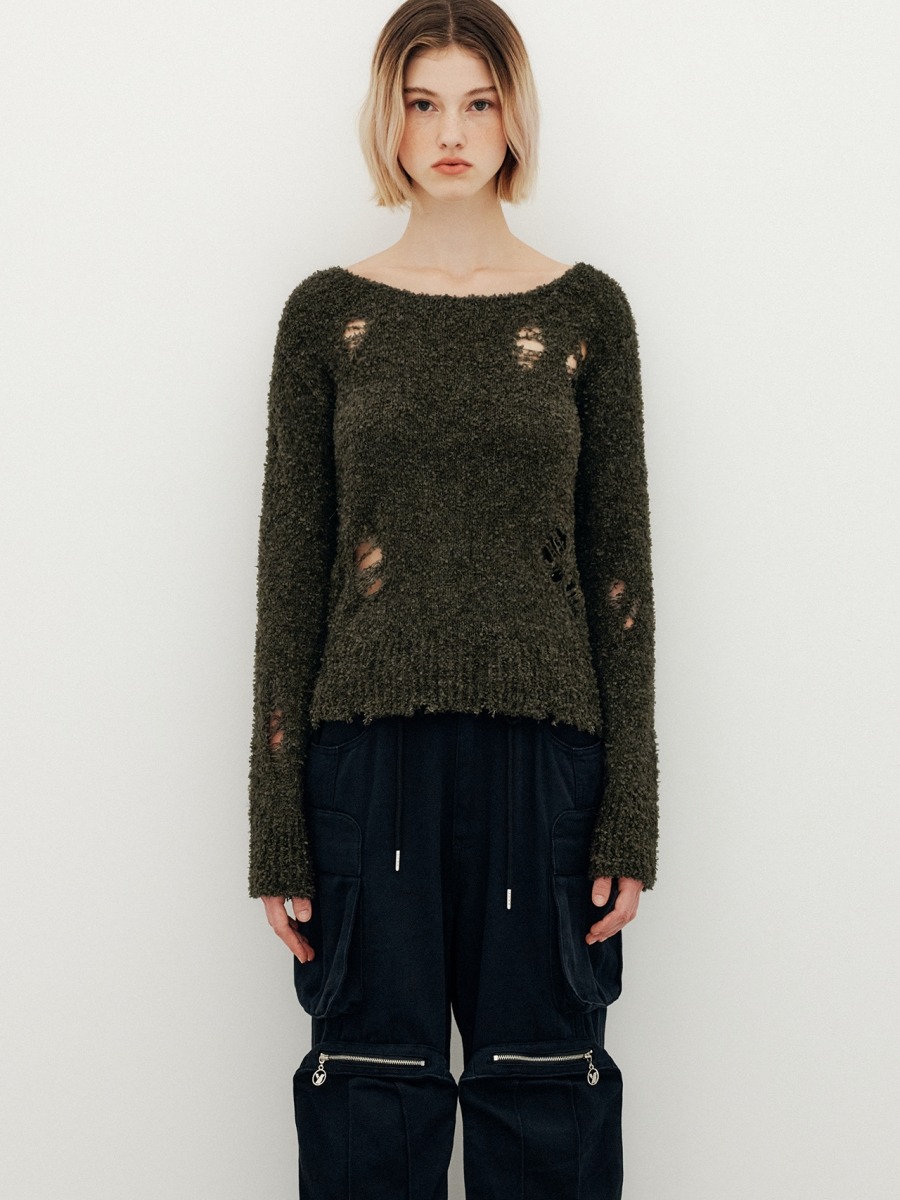 [YUSE] DESTROYED POINT BOUCLE LOOSE KNIT TOP - KHAKI