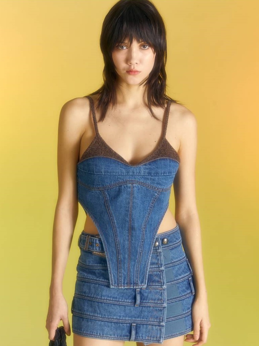 [Andersson Bell] CHUKO KNIT COMBO DENIM BUSTIER - WASHED BLUE