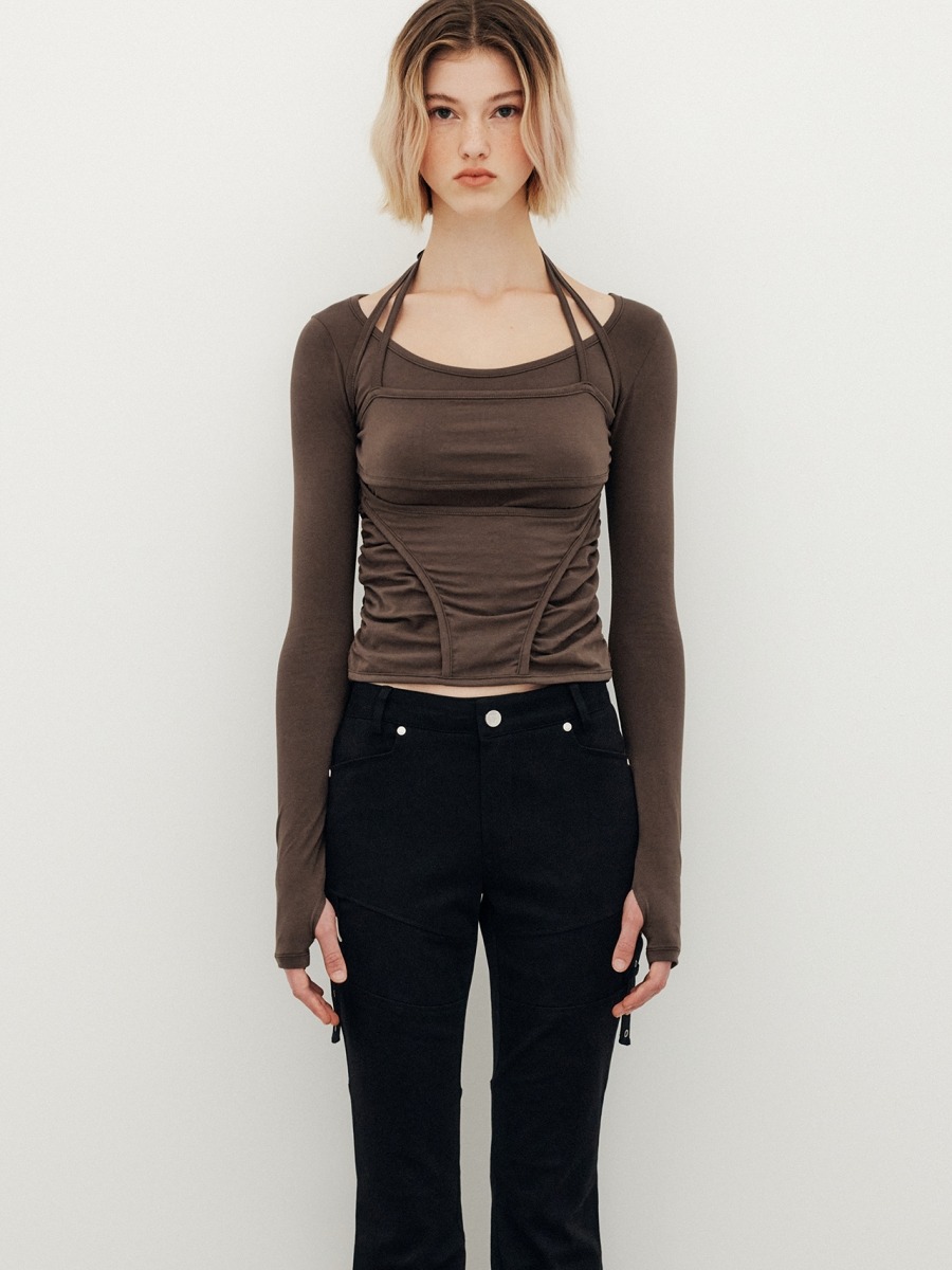 [YUSE] BUSTIER LAYERED LONG SLEEVE TOP - BROWN