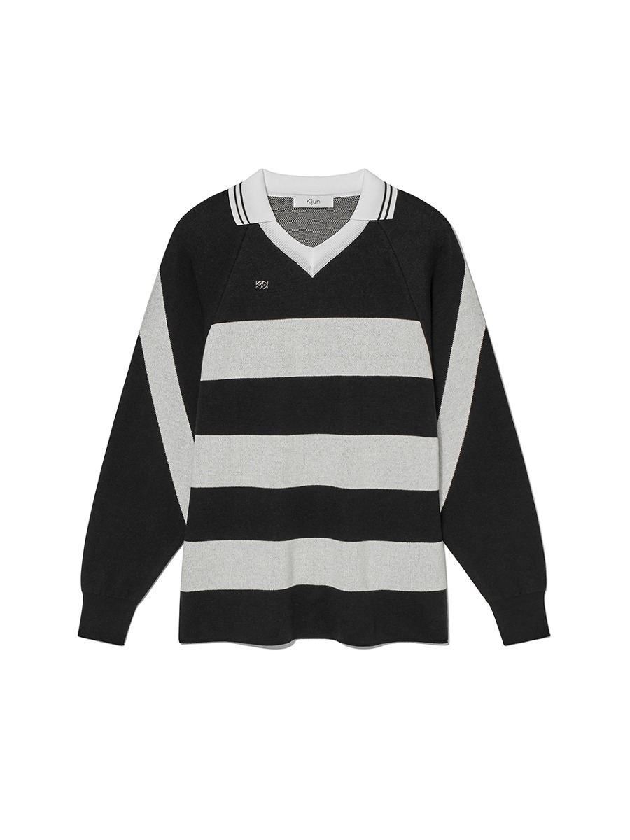 [KIJUN] Striped Knit Rugby Top UNISEX - Black Cream