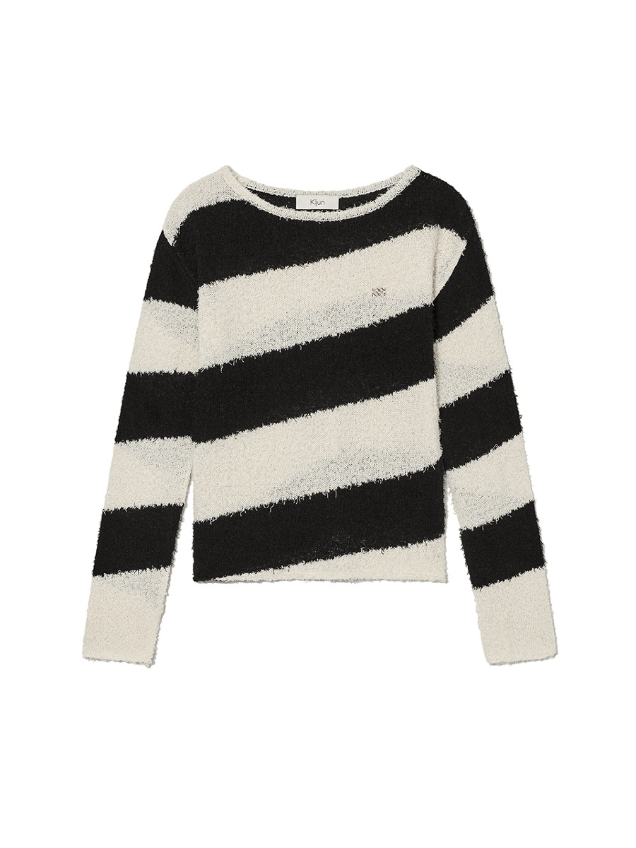 [KIJUN] Oblique Knit Pullover - Black Cream