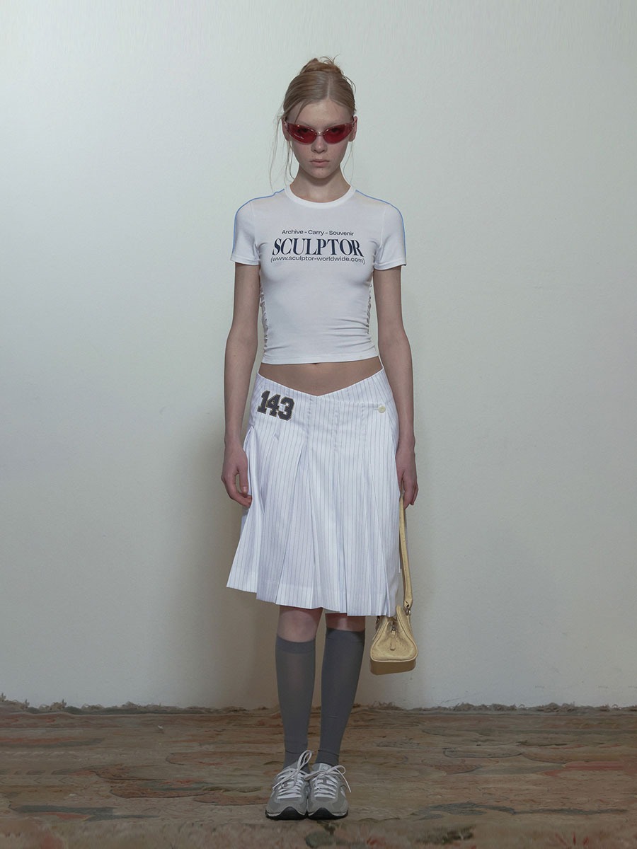 [SCULPTOR] 143 Asymmetrical Wrap Skirt - White Pinstripe