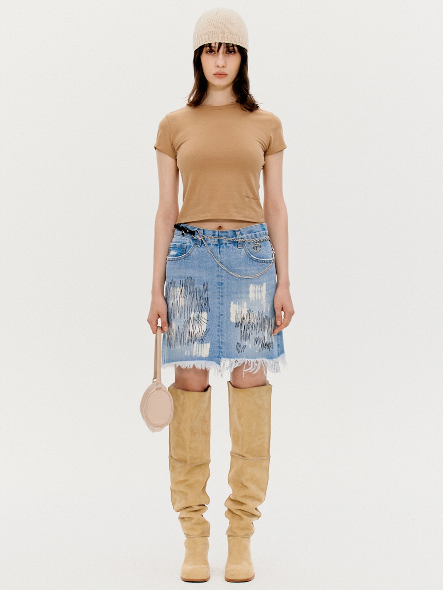 [TheOpen Product] BLEACHED EMBROIDERED DENIM SKIRT  - BLUE