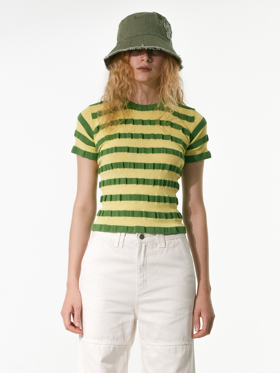 [TheOpen Product] STRIPE HALF SLEEVE KNIT TOP - YELLOWISH GREEN