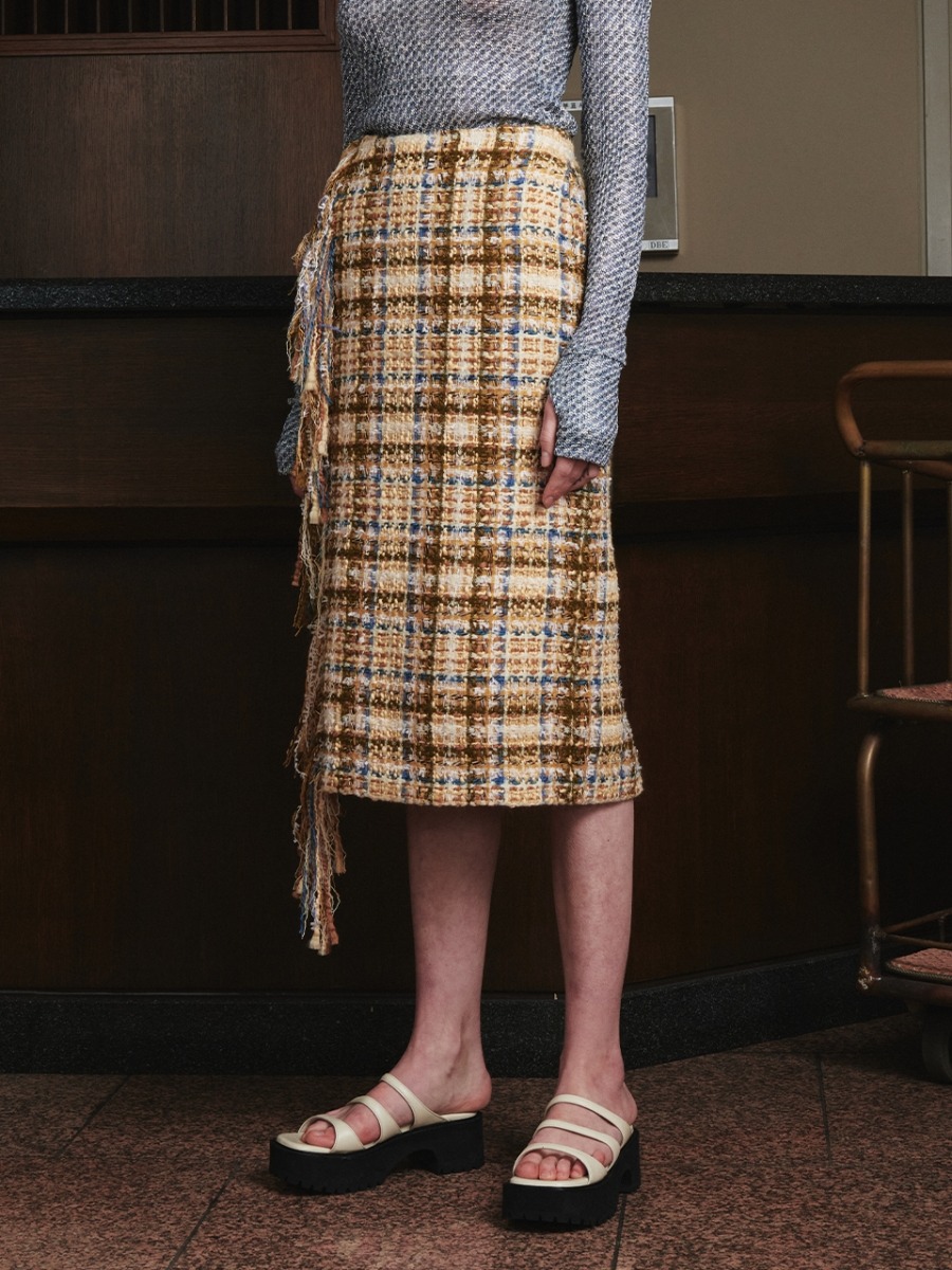 [KIJUN] Tweed Fringe Skirt - Multi