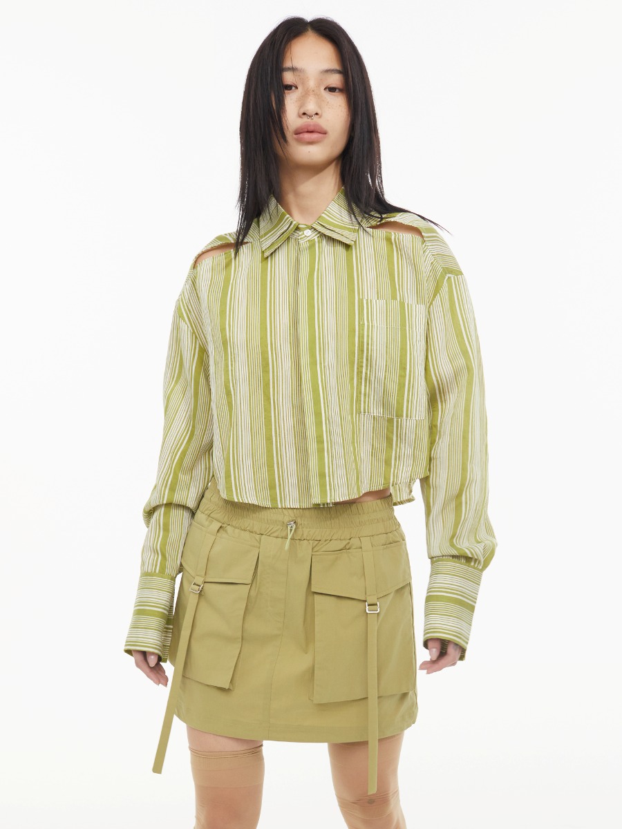[KYO] DOUBLE COLLAR CROPPED LINEN SHIRT - OLIVE