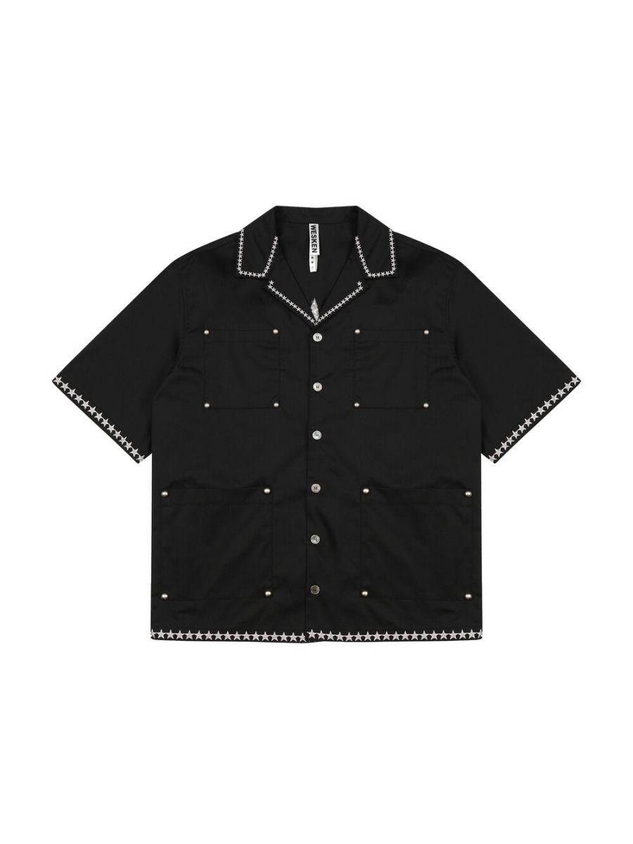 [WESKEN] star embroidery shirt - BLACK