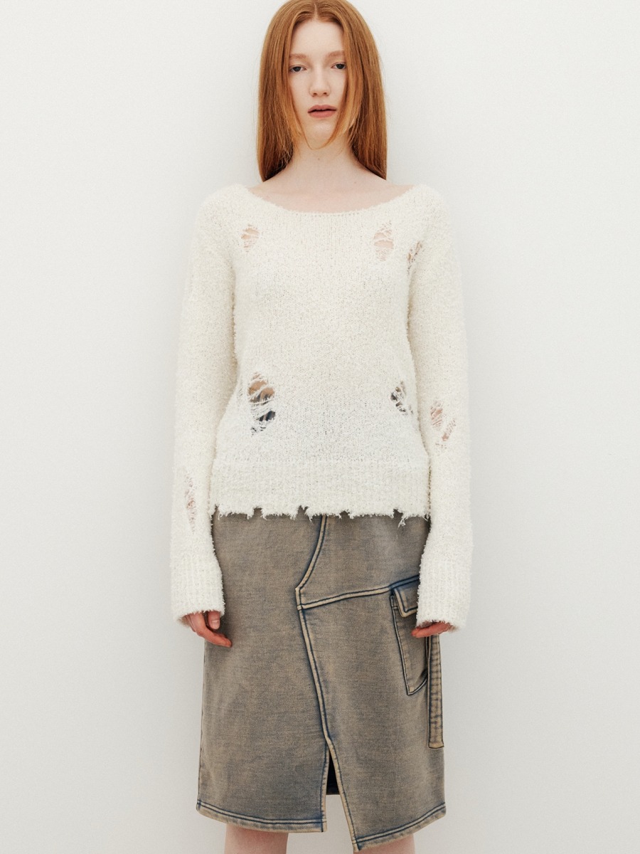 [YUSE] DESTROYED POINT BOUCLE LOOSE KNIT TOP - IVORY