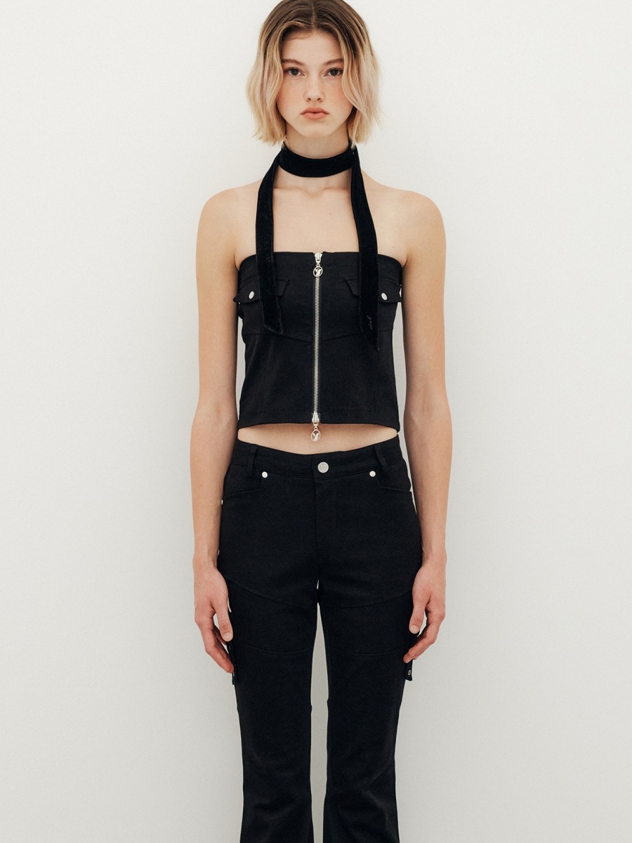 [YUSE] BELTED POINT ZIP-UP TUBE TOP - BLACK