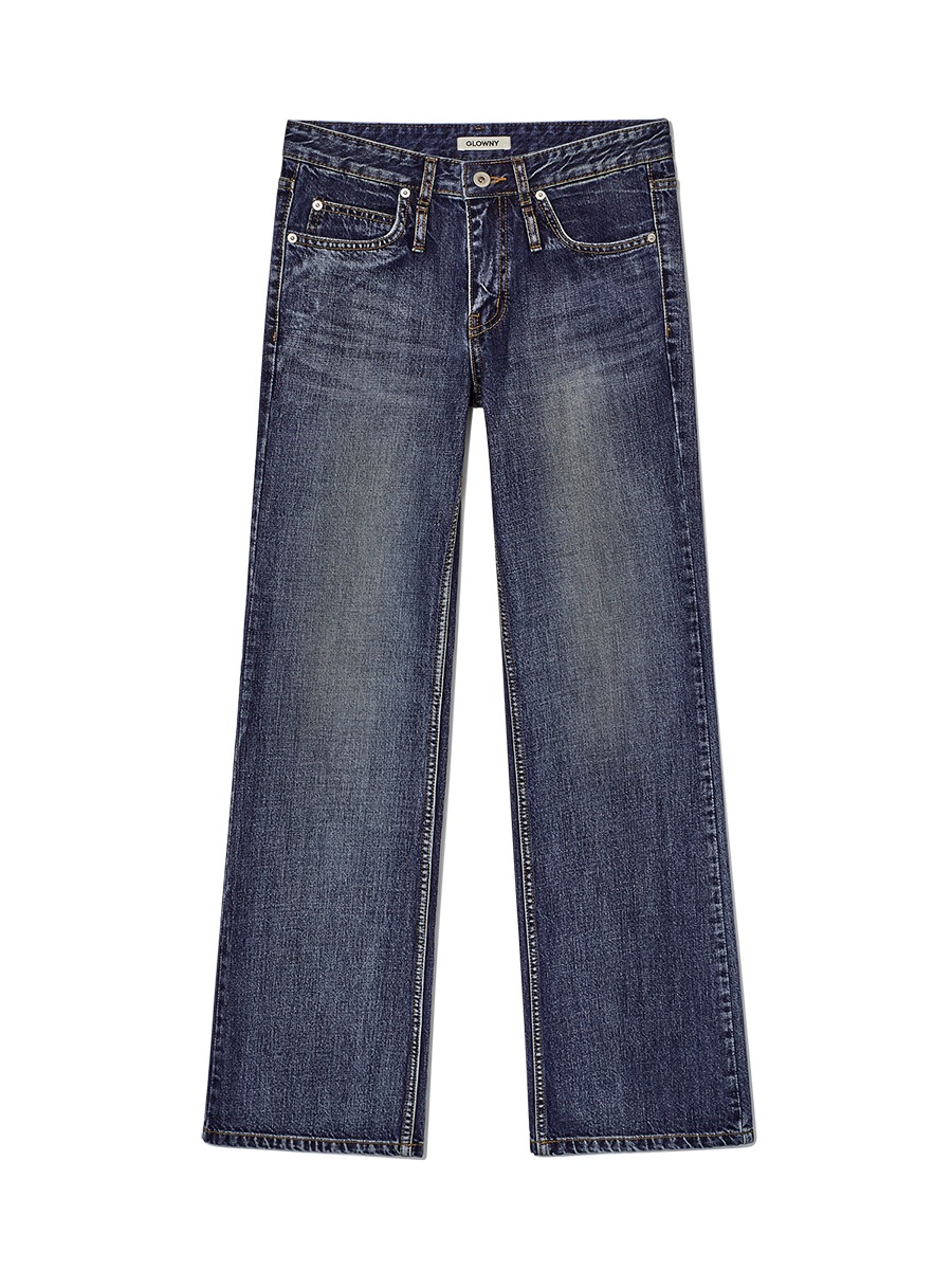 [GLOWNY] DOUBLE BELTED BOOTS CUT DENIM JEANS - BLUE