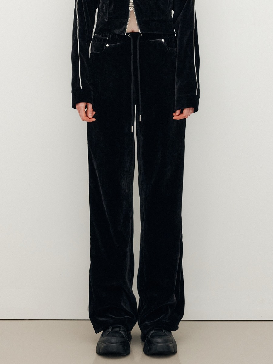 [YUSE] VELOUR PIPING WIDE TRACK PANTS - BLACK
