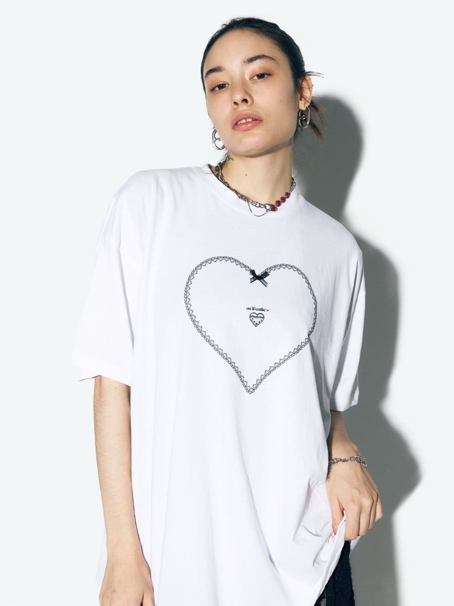 [as if CALIE] LACE HEART OVERSIZED T-SHIRT - WHITE