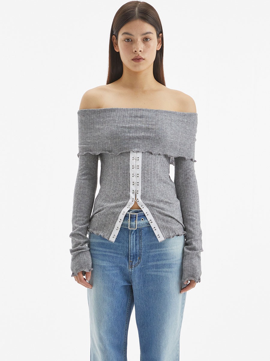 [MORE THAN PARADISE] HOOK OFF-SHOULDER TOP - GRAY