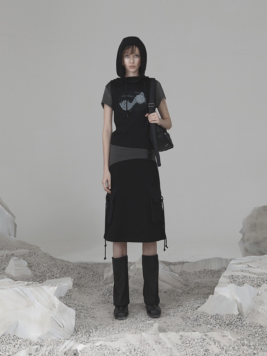 [OJOS] Knit Hoodie Sleeveless Dress - Black